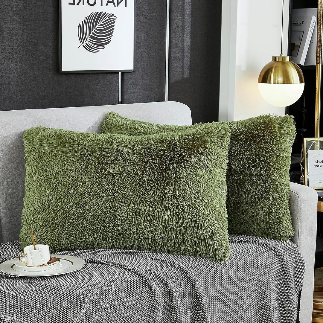 WERDIM Shaggy Fluffy Faux Fur Pillowcases 2 Pack Button Closure Velvet Pillow Shams Standard/Queen Size (Sage Green, 20 X 26 Inches) 