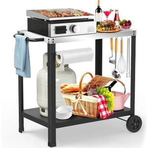 32x20IN Double-Shelves Grill Table, Outdoor Grill Cart for Blackstone Griddle, Movable Pizza Oven Table Cart for Outside Patio, Kitchen Cooking Food Prep Table for Party (Silver)