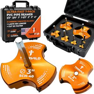 THORVALD PVC Pipe Reamer TriForce - 7 Sizes with Tungsten Carbide Blades - Video Tutorial + User Guide - 3 Blades PVC Fitting Saver for Plumbing - Tool Sizes: 1/2" ; 3/4 ; 1 ; 1-1/2 ; 2 ; 3 ; 4