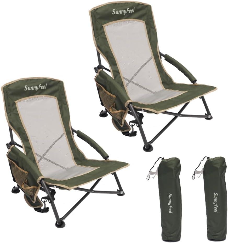 SunnyFeel Low Folding Beach Camping Chair 2 Pack, Portable Backpacking Chairs with Mesh Back,Cup Holder, Compact & Heavy Duty for Adults 300 LBS for Outdoor Picnic Fishing Concert Sand Lawn (2pcGreen), 23D x 22W x 26H Inch