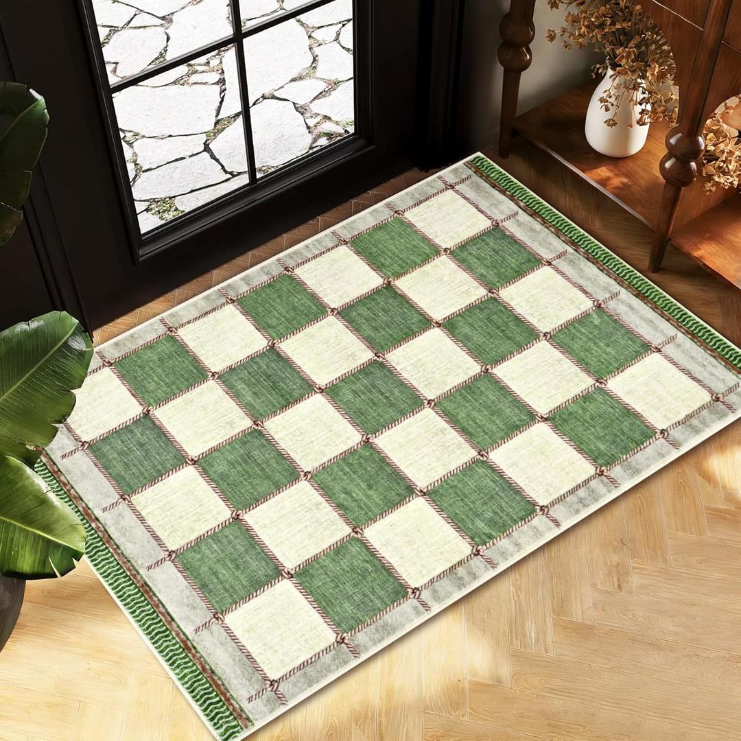 Yinhua Green Checkered Rug 2x3 Farmhouse Washable Rugs for Entryway Non Slip Soft Small Area Rug, Vintage Door Mat Low Pile Geometric Throw Rugs Carpet for Beside Dorm Kitchen (Green and White)