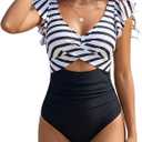 B2prity One Piece Swimsuits for Women Ruffle Sleeve V Neck Bathing Suit Tummy Control Cutout Monokini Slimming Swimwear, Large