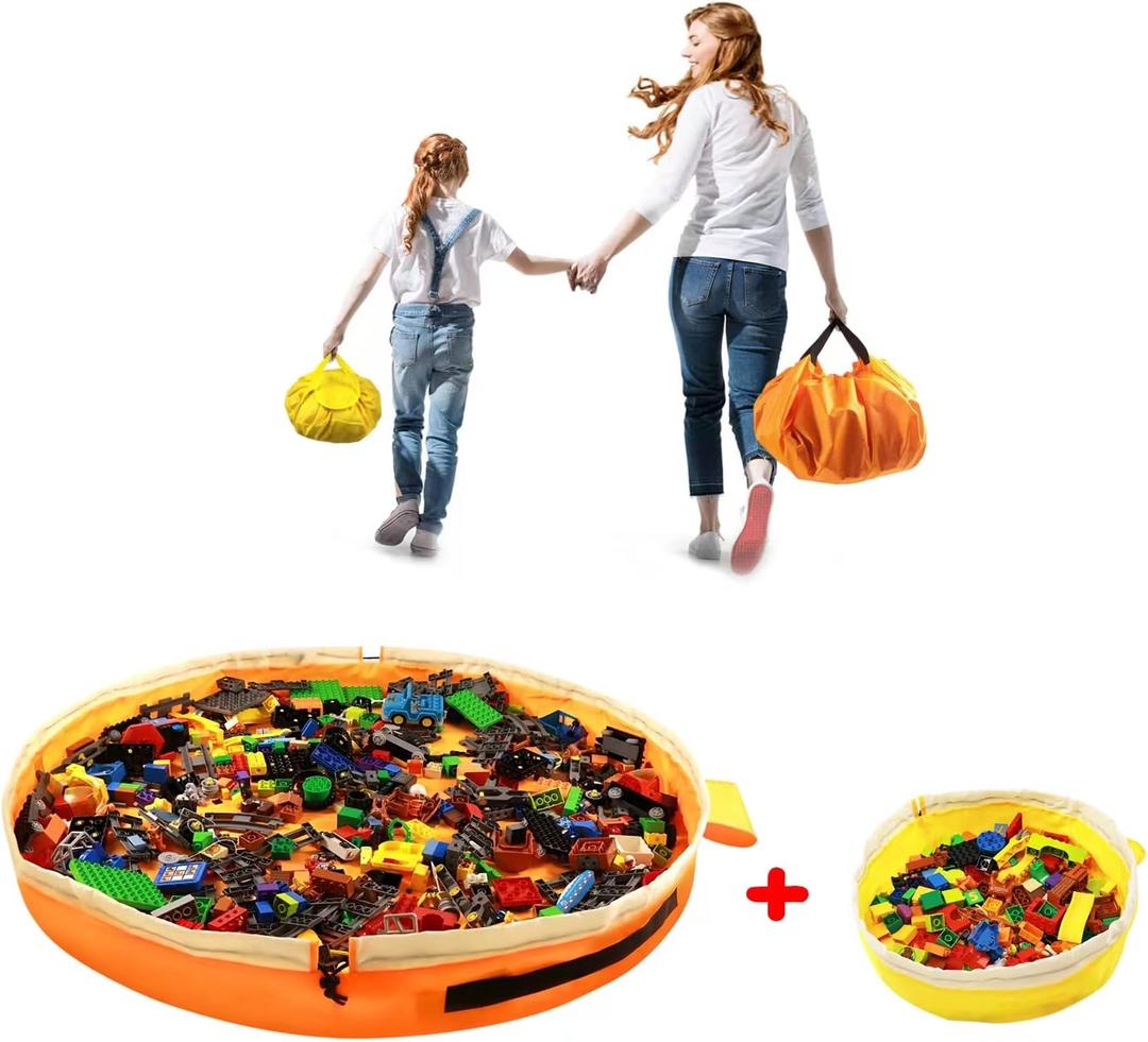 Toy Storage for Lego Play Mat Bag - Duplo Toy Organizer Storage Bag by Drawstring for Kids Tidy Toy with Lips can as Gift (2Pcs = Big Orange + Mini Yellow)