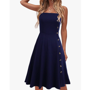 Women's Casual Summer Beach Flattering Flowy A-Line Spaghetti Straps Solid Cotton Button Down Midi Sundress,M