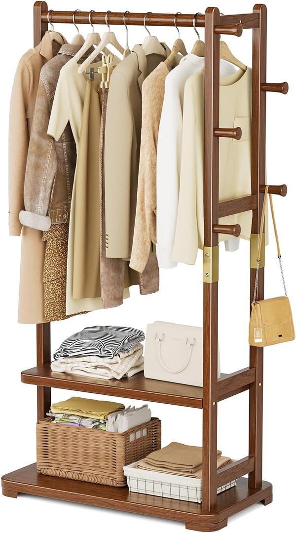 Coat Rack Solid Wood Clothes Rack with 2 Shelves & 4 Hooks for Hanging Clothes Garment Wallets Hats, Clothing Rack Heavy Duty Coat Rack Freestanding with Storage Hall Tree for Hallway Bedroom