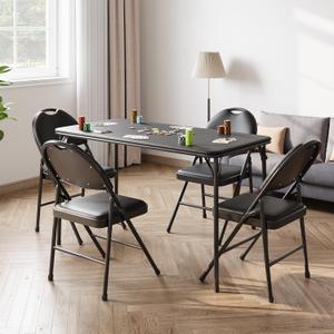 4 Feet Folding Table Indoor Outdoor, Protable Foldable Card Table, Lockable Metal Legs Support, Upholstered PU Leather Tabletop, Heavy Duty for Picnic Parties Wedding BBQ Camping (Black-1)