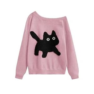 GORGLITTER Women's Off The Shoulder Sweater Cat Print Graphic Long Sleeve Fall Trendy 2025 Pullover Top Pink Large