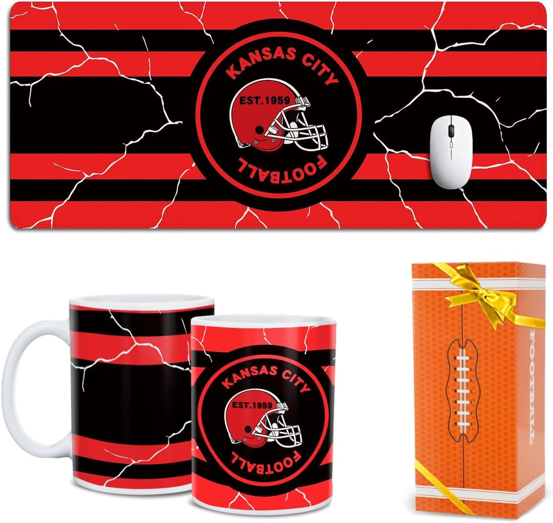 Football Fan Coffee Mug Cup and XL Gaming Mouse Pad Set Kansas City Desk Mat Themed Merch Shop Men Women Sport Stuff Gear Apparel Chiefs Team Decor Dad Boyfriend Bf Birthday Cool Christmas Xmas Gift