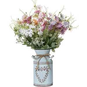 Fake Flowers in Vase,6Pcs Muticolor Daisy Flowers Artificial Arrangements with Metal Flower Vase Faux Flowers Wildflower Daisy Party Birthday Wedding Centerpiece Table Decorations Home Hecor