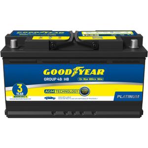 Goodyear 49-H8-AGM BCI Group Size 49 12V 95 AH, 160RC, 900 CCA Platinum series Rechargeable AGM Maintenance Free Automotive Battery