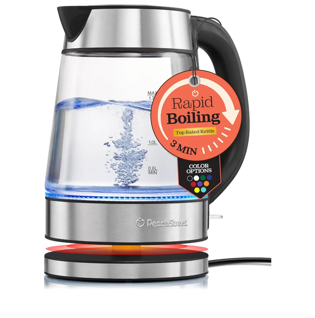 Speed-Boil Electric Kettle For Coffee & Tea - 1.7L Water Boiler 1500W, Borosilicate Glass, Easy Clean Wide Opening, Auto Shut-Off, Cool Touch Handle, LED Light. 360° Rotation, Boil Dry Protection
