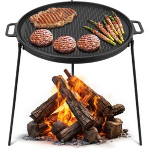 Onlyfire 18" Campfire Grill Griddle, Double Sided Reversible Portable Campfire Grill, Cast Iron Camping Griddle with Handles, 3 Removable & Height Adjustable Legs, Perfect for Grills and Outdoor BBQ
