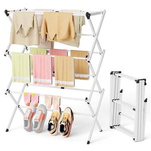 BAKON Space Saving Foldable Clothes Drying Rack, Extendable Rustproof Laundry Rack for Indoor Outdoor Use, No Assembly Required, Suitable for Bathroom Laundry Room Apartment RV, White