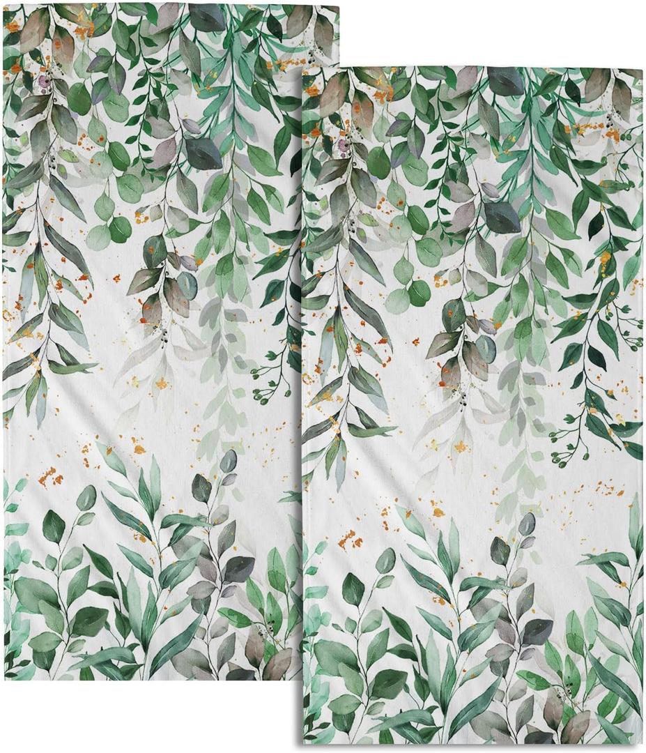 Imiss Eucalyptus Leaf Hand Towels Set of 2 Green Leaves Decorative Kitchen Dish Cloths 14.4 x 28.3 Inch Soft Small Fingertip Towel for Bathroom Hotel Gym Spa