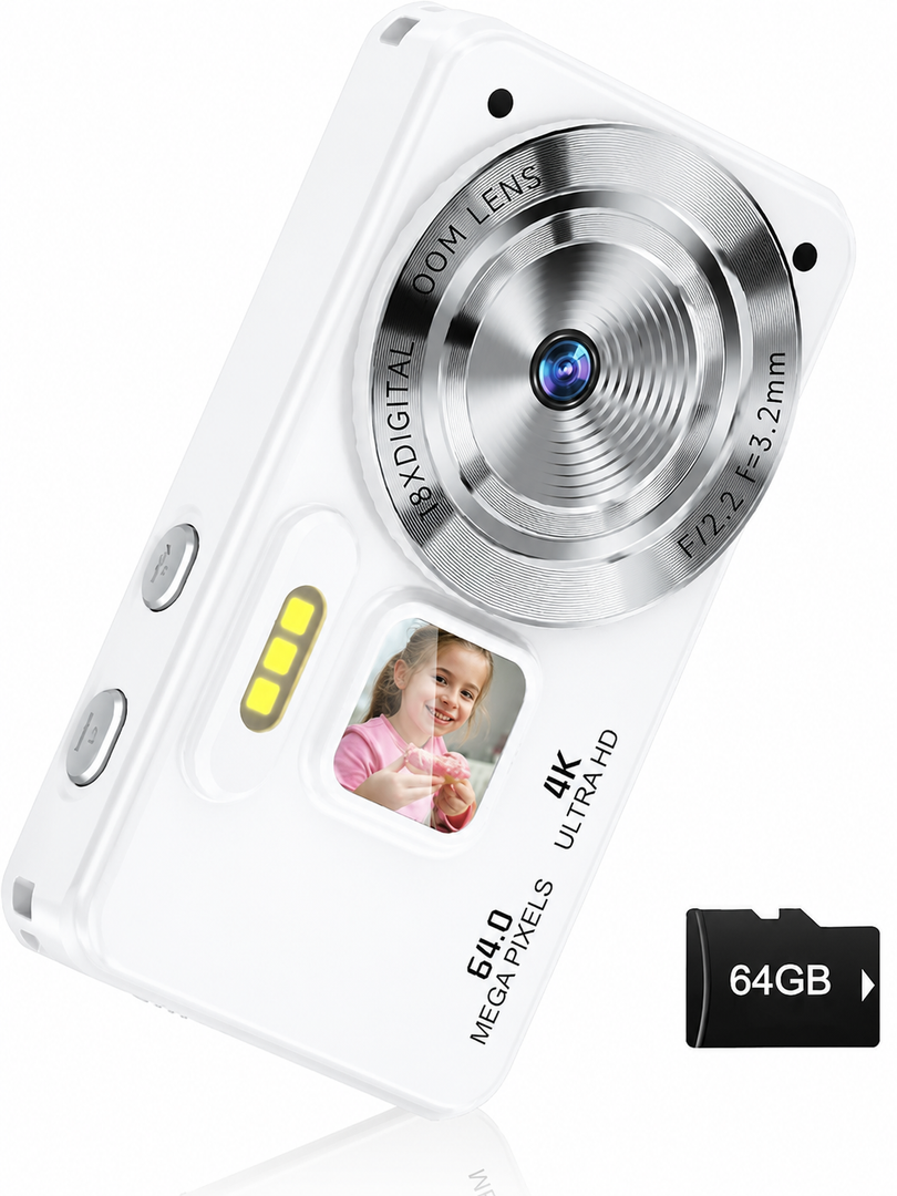 Digital Camera, Autofocus 4K 64MP Point and Shoot Digital Cameras for Teens with 64GB Card, 18X Zoom Anti-Shake Compact Video Camera for Student Kids Boys Girls Beginner - White 