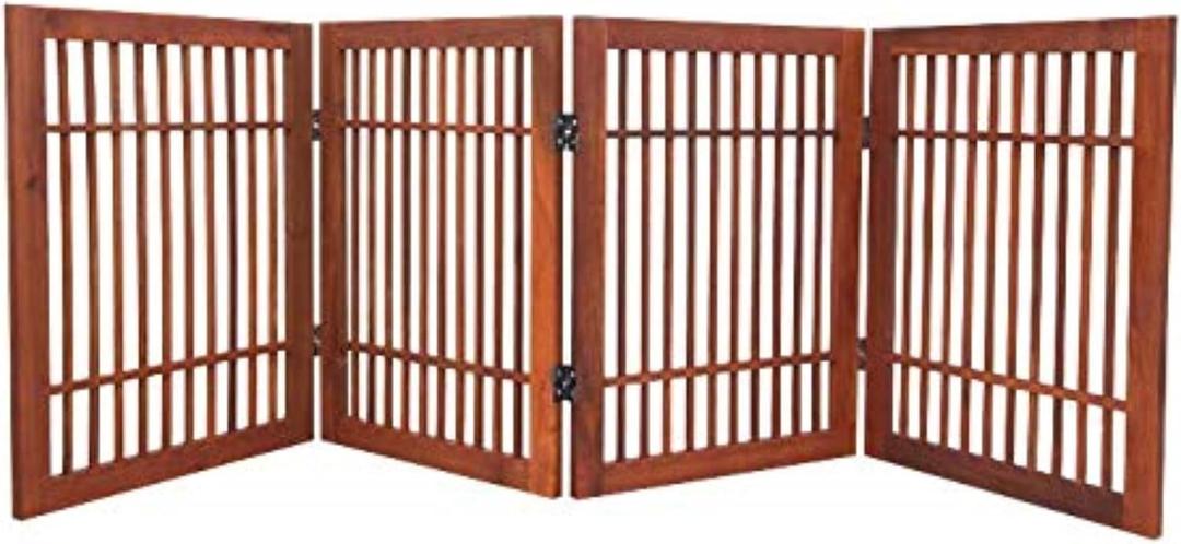 Urnporium Freestanding Wooden Dog Gate Foldable Indoor Pet Gate No Drill Expandable Barrier for Doorways Stairs Hallways Portable Wood Fence for Small Dogs & Puppies (Brown Pet Gate, 4 Panel 24" Tall)