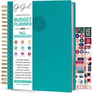 GoGirl Budget Planner & Monthly Bill Organizer  Monthly Financial Book with Pockets. Expense Tracker Notebook Journal, Large (Turquoise) (A4 (8" x 11"))