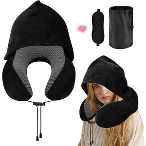 Hooded Travel Neck Pillow, Soft Travel Pillow with Earplugs & Eye Mask U Shaped Memory Foam Neck Pillow with Hood for Airplane, Office, Cars Sleeping Rest(Black)