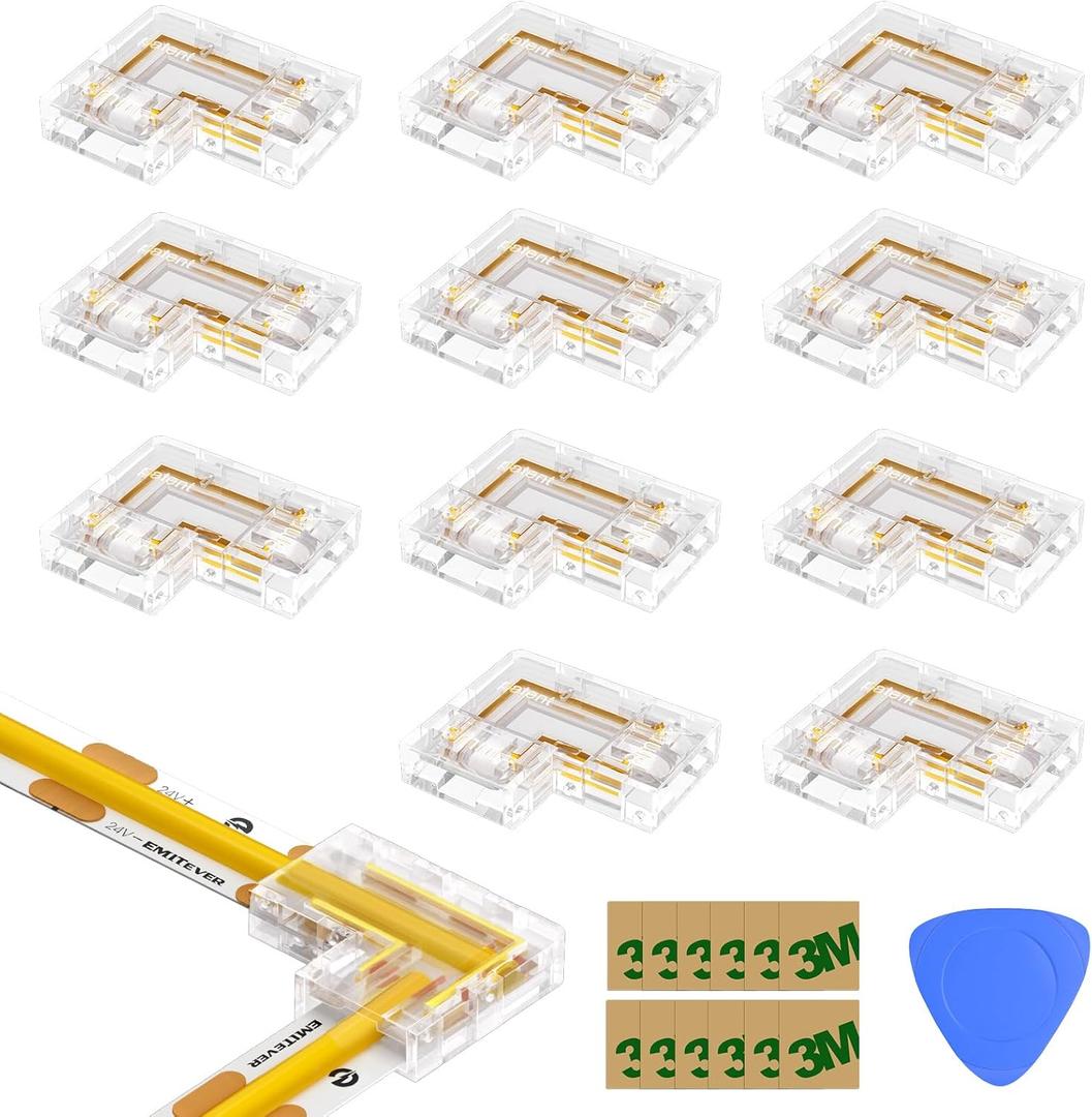 EMITEVER 8mm LED Strip Connectors 12pcs, Led Corner Connector L-Shaped Gapless Connection Solderless Transparent Tape Light Connectors for 2-Pin COB/SMD LED Strip Lights 5V 12V 24V 48V