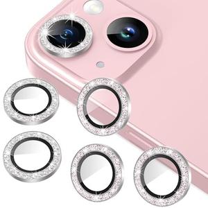 AGVEE 3+3 6 Pack for iPhone 15/15 Plus Camera Lens Protector, Bling Diamond & Bling Glitter Metal Ring 9H Tempered HD Glass Camera Protector Cover Film, Bling-Silver