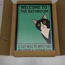 Cute Kitten Vintage Welcome To The Bathroom Canvas Wall Art Funny Quirky Tuxedo Cat Wall decor pictures Simple Green Cat Lovers Prints Painting For Home Bedroom Dorm decoration Framed (Black Metal Framed)