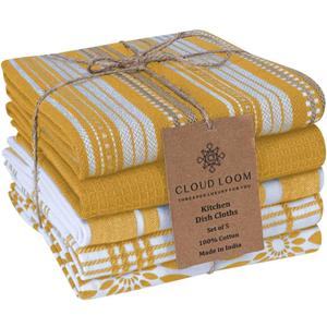 Assorted Kitchen Towels 16x26 inch 100% Cotton Set of 5 - Soft Absorbent Washable Tea Towel for Kitchen - Dish Cloths Towel with Hanging Loop - Quick Drying Dish Towels Mustard Yellow