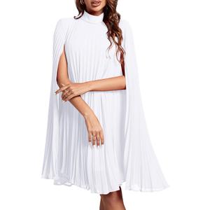 Rooscier Women's Mock Neck Cloak Sleeve Pleated Keyhole Back Flowy Party Midi Dress (White, L)