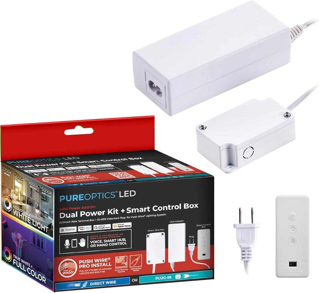PureOptics LED Professional Push Wire Matter Certified Smart Under Cabinet Lighting 2-in-1 Power Kit, 48W Plug-in and Direct Wire, Smart Control Box, Works with Alexa, Apple Home, Google Home