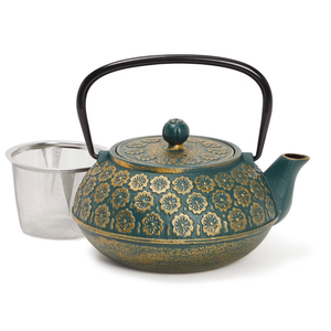 Green Floral Cast Iron Teapot Kettle with Stainless Steel Loose Leaf Infuser (34 oz)