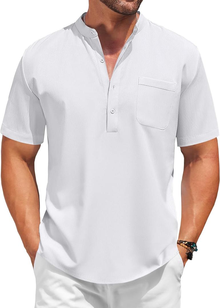 COOFANDY Men's Casual Henley Shirt Short Sleeve Summer Beach Band Collar Shirt Hippie Henley T-Shirts with Pocket (L)