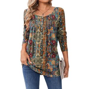 Zeagoo Long Sleeve Shirts for Women Fall Fashion Dressy Casual Blouses Trendy Pleated Tunic Tops for Leggings 2025 (XX-Large, A-multicolor-mz721)