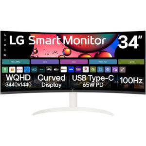 LG 34SR63QA-W 34 inch Smart Curved Monitor with Streaming TV, QHD 1440p, UltraWide Screen, USB Type-C 65W PD, 1800R, webOS, HDR10, 100Hz, Built-in Speaker, AirPlay2, Screen Share, Bluetooth, White