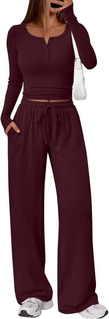 Trendy Queen Women's 2 Piece Matching Lounge Sets Long Sleeve Henley Neck Slightly Crop Top Wide Leg Pants Casual Sweat Suit (Red) S