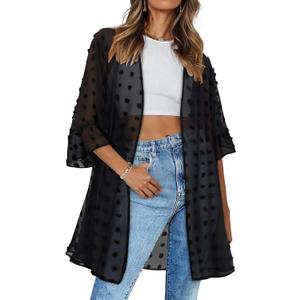 Womens Kimono for Summer Puff Sleeve Cardigan Casual Loose Fit Beach Cover Ups Resorts Swimwear 2026 (Black, L)