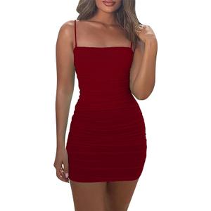 Mizoci Women's Sexy Sleeveless Ruched Spaghetti Strap Bodycon Mini Club Party Dress (Red) XS