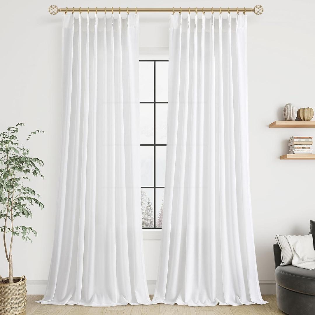 Soft White Pinch Pleat Linen Curtains 102 Inch Length 2 Panels Set for Bedroom Dining Room Semi Sheer Linen Boho Farmhouse Neutral Window Curtains 102 Inches Long for Living Room Nursery 50x102