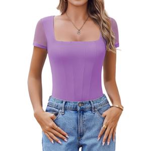 Avidlove Women's Short Sleeve Bodysuits Sexy Square Neck Body Suit Mesh Double Lined Tshirt Leotard Tops Going Out (Lilac), XL