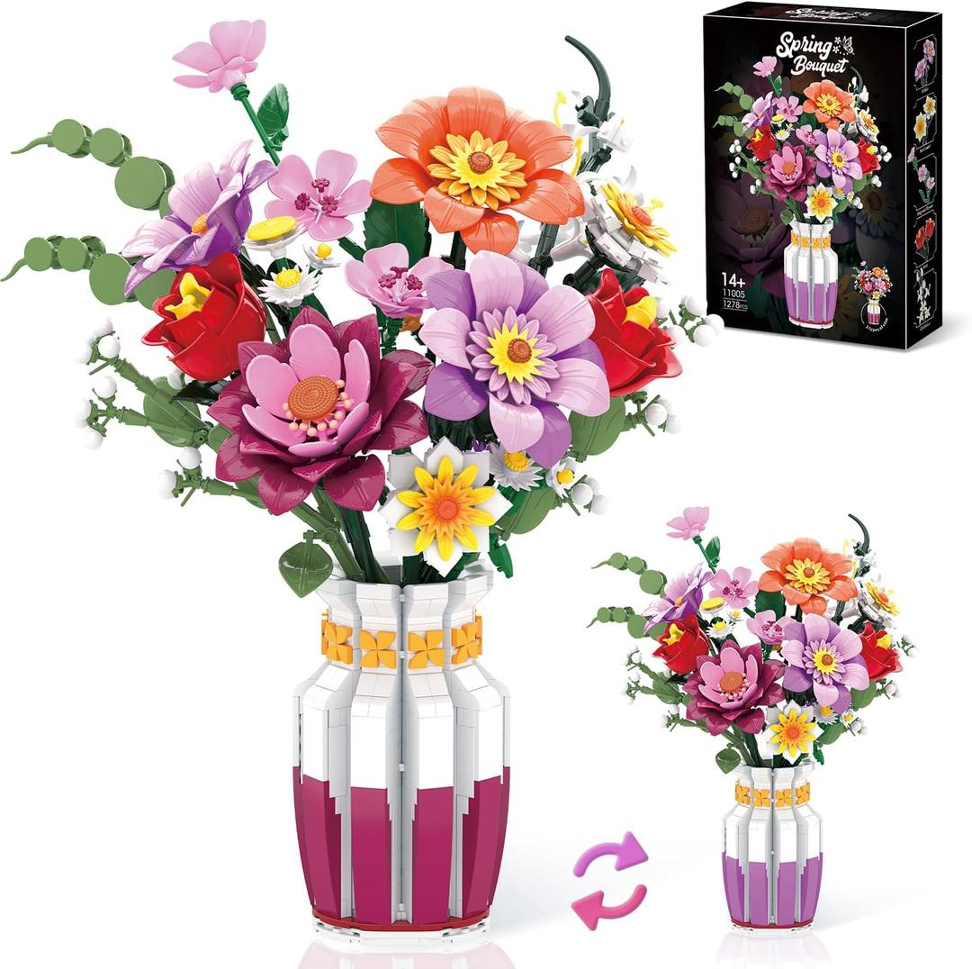 2 in 1 Vase Flowers Bouquet Building Set, 16 Flowers Bouquet Sets for Adults & Women, Compatible with Lego Flowers Bouquet, Valentine's Day Gift for Her Girlfriend Wife, 1278 PCS