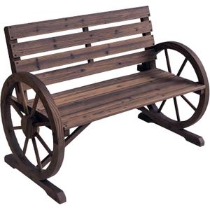 Outsunny 41" Wooden Wagon Wheel Bench, Rustic Outdoor Patio Weather Resistance Furniture, 2-Person Slatted Seat Bench with Backrest, Carbonized