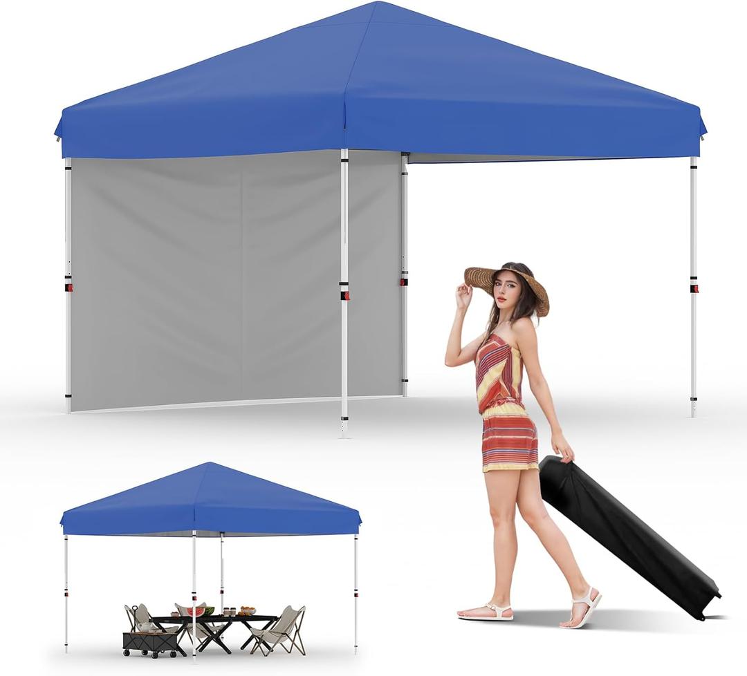 10x10 Pop Up Canopy Tent Outdoor Canopy with 1 Removable Sidewall One-Person Set Up Heavy Duty Commercial Instant Tent Shelter-Blue