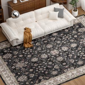 COHOME Black Boho 6x9 Washable Rug for Under Table, Non-Slip Low Pile Area Rug for Living Room Bedroom Office, Charming Farmhouse Decor, Stain Resistant