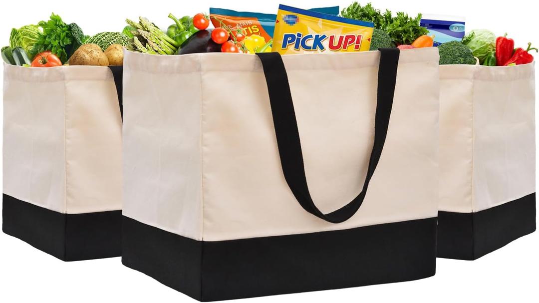 3 Pack Canvas Reusable Grocery Bags Heavy Duty, 8.3 gal Foldable Large Canvas Tote Bag with Handles, Holds 60 lbs Canvas Shopping Bags & Washable Eco-friendly Bags with 5 Pockets, Off white Black
