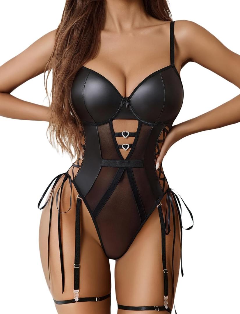 Avidlove Sexy Lingerie for Women Leather Teddy Lingerie Mesh Bodysuit Garter Belt Set (No leg ring), Medium