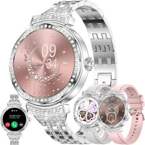 Smart Watch for Women, Answer/Make Call, 1.32'' AMOLED Fitness Trackers with Heart Rate//SpO2/Sleep Monitor, 130+ Sports Modes, IP68 Waterproof Smartwatch for iOS Android, 3 Watch Bands (Silver)