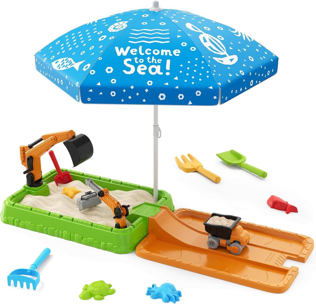 Sandbox with Lid, Dirt Digger Excavator Sand Box with Cover, Kids Sand Pit with Construction Toys/Umbrella/Beach Toys for Toddler 3-5, Sensory Kit Summer Gifts for Indoor Outdoor Backyard, Green