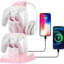 BIFONODKR Headphone Controller Stand&Holder for PlayStation Xbox Nintendo Switch Other Game Controller with RGB Lights&2 USB Charging Station Ports,Earphone Hanger Gamers Desktop Accessories (Pink),Demage Parts