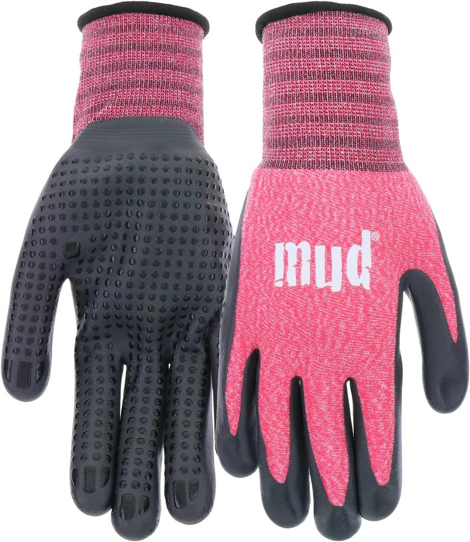 MUD Grip Women's Nylon Seamless Knit Shell Water Resistant Dotted Nitrile Palm Gardening Gloves (Small/Medium, Pink)