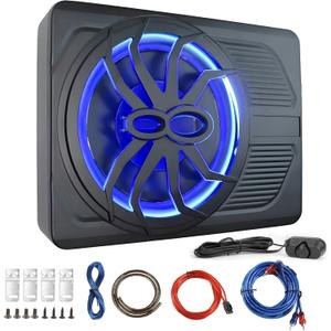 1000W Stereo Audio Under Seat Car Subwoofer, 10 Slim Active Powered Sub with Built-in Amplifier (Multicolor)