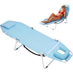 ABORON 2-in-1 Tanning Chair with Face Hole, Folding Camping Cot for Adults, 5-Position Adjustable Lounge Chair with Pillow, Heavy Duty 600D Oxford Portable Cot for Beach, Patio, Poolside