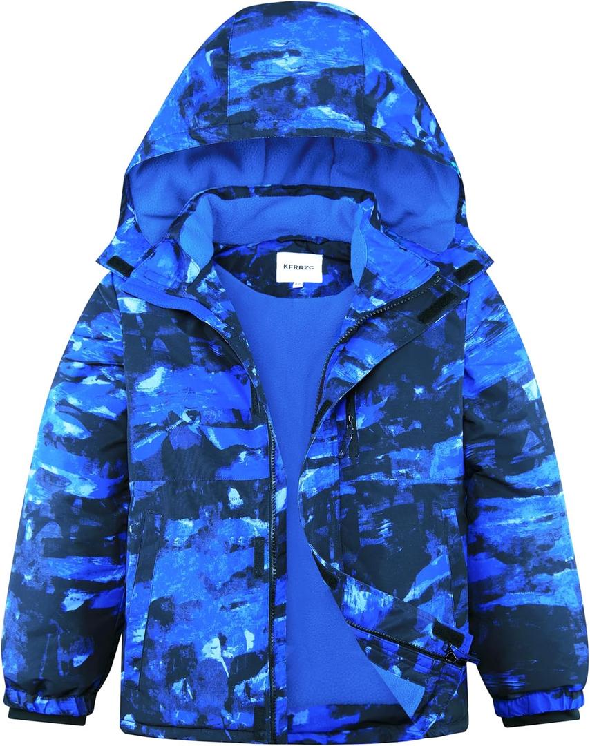 Boys Winter Waterproof Ski Jacket Kids Fleece Lined Warm Snow Coat with Detachable Hood (5-6, Ink Blue)